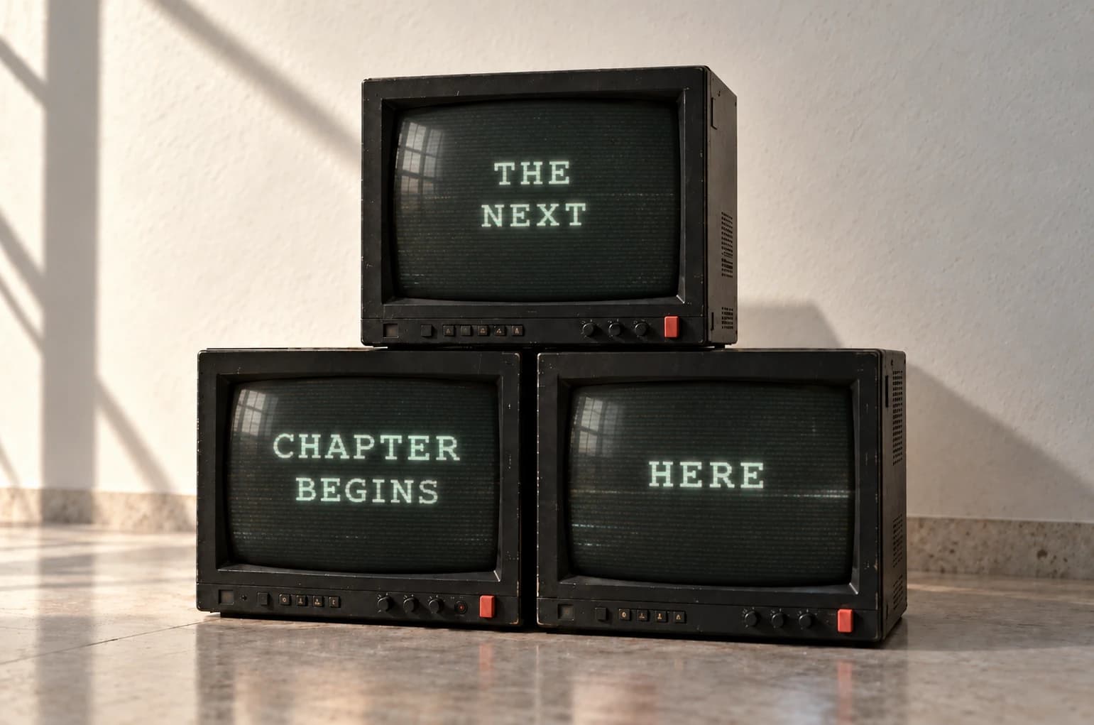 Drei alte Röhrenmonitore mit dem Terminalschriftzug «The next chapter begins here»
